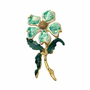 Vintage Enamel Flower Brooch Pin Green Gold 1980s New